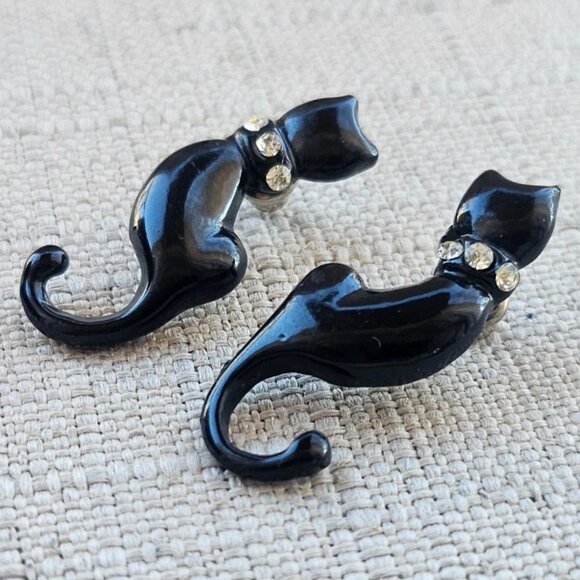 Black Cat Earrings Vintage Fashion Jewelry Earrings Crystals Accent Earrings - Picture 1 of 11
